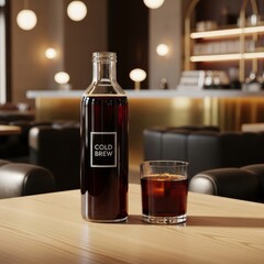 Cold brew coffee in tall glass bottle, simple minimal table setup, luxury café interior