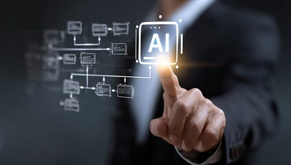 Businessperson touches a glowing AI icon overlaid on a complex flowchart