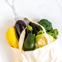 Fresh produce in a reusable tote bag