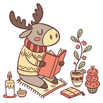 Naklejki Grumpy Moose with reading a book, set in a charming Christmas theme – Warm Cozy color vector art