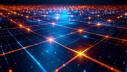 Obraz premium Dynamic glowing grids shifting in layered depth, creating immersive interactive visuals with vibrant reflections and precision,
