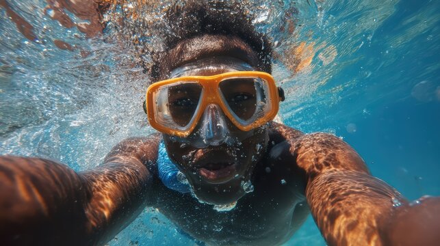 African American Boy Swimming Underwater with Goggles and Mask, Vibrant Ocean Scene Ideal for Water Sports and Adventure Marketing, Invokes a Sense of Excitement and Freedom.
