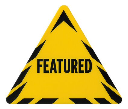 Yellow triangular sticker with FEATURED message in bold font, compelling promo retail offer on transparent background.