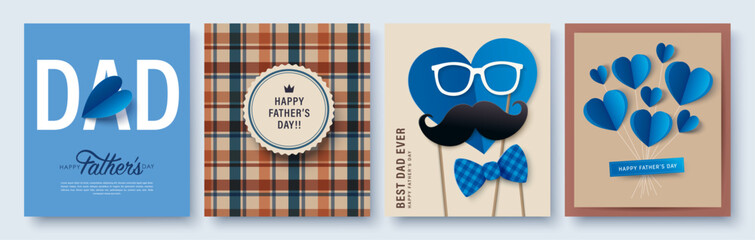 Set of 4 Father's Day greeting cards in modern paper cut style. Vector illustration for cover, poster, banner, flyer and social media.

