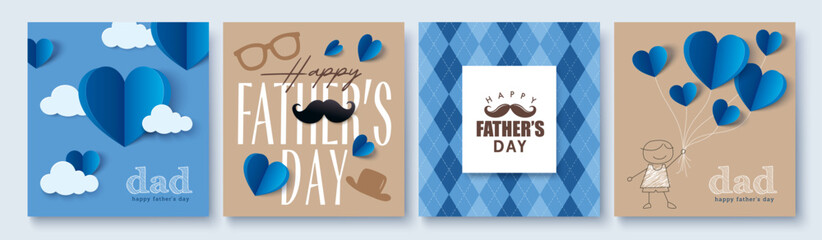 Set of 4 Father's Day greeting cards in modern paper cut style. Vector illustration for cover, poster, banner, flyer and social media.

