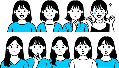 Vector illustration set of young working woman with multiple facial expressions, office suit character emotions, business female avatar icons for communication and presentation design.