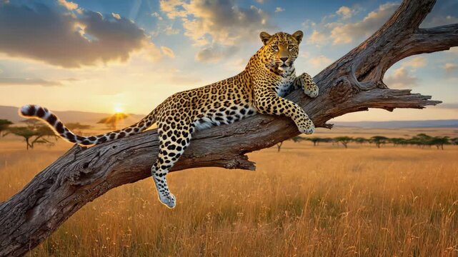portrait of adult leopard lying on tree branch in savannah