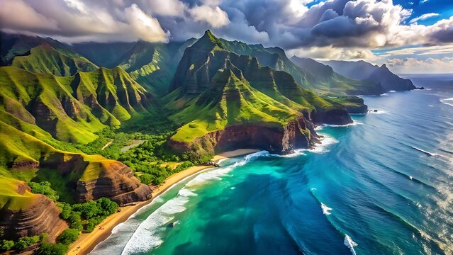 Aerial view of the na pali coast on the island of kauai in hawaii