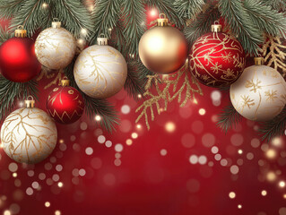 Christmas background with red festive backdrop, golden and red baubles, pine tree branches, holiday decoration with sparkling lights, elegant seasonal design for greeting cards and winter celebration