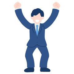 両手を挙げて喜ぶスーツのビジネスパーソン[男性]のフラットなイラスト
