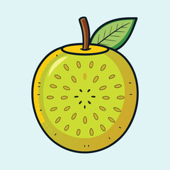 Stylized cartoon green and yellow fruit with leaf on light blue background