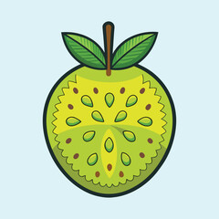 Artistic illustration of a stylized green fruit with leaves and seeds