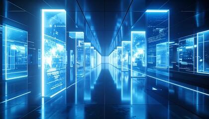 Floating translucent panels aligned in symmetry, each glowing with responsive interactive visuals and sleek futuristic texture,