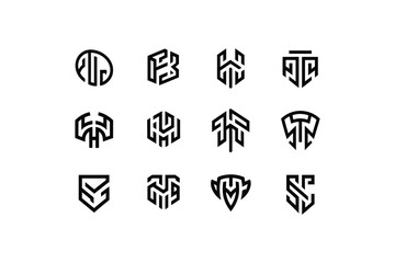 Collection of twelve geometric logo designs in black on a white background