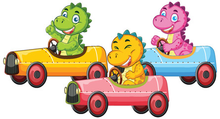 Cartoon Dinosaurs Racing Colorful Cars in Vector Illustration