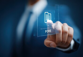 Businessman interacts with digital file, FORE text