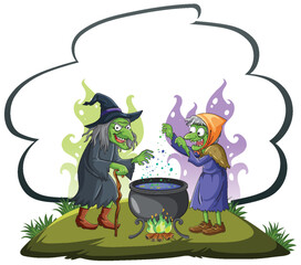 Two Cartoon Witches Mixing Potion in Cauldron Outdoors