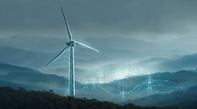 Wind turbine atop misty mountains, digital network overlay