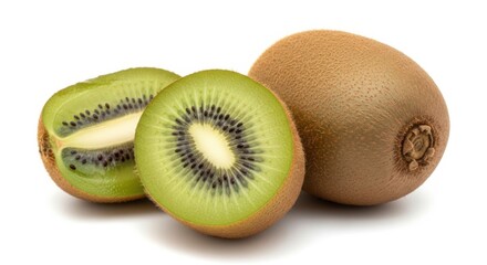 Fototapeta premium Fresh kiwi fruit, one whole and two halves, isolated on white background