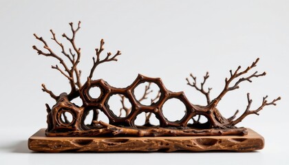 ultra sharp isolated desk organizer built from twigs and branches, detailed with honeycomb like form, offering made with zero synthetic additives, set against pure white void with crisp detail.