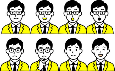 Flat style vector illustration set of young man in a suit with glasses showing multiple facial expressions, minimal office character design for corporate, business, and professional concepts.