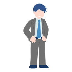 腰に手を当てて下を見るスーツのビジネスパーソン[男性]のフラットなイラスト
