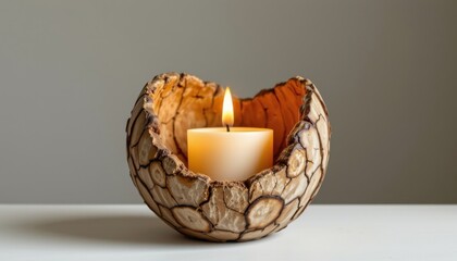 high quality product render of eco conscious candle holder, constructed with hazelnut shells, decorated with layered bark effect, including treated with natural resins