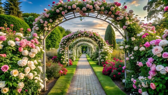Beautiful rose garden with arches covered in flowers on a sunny day