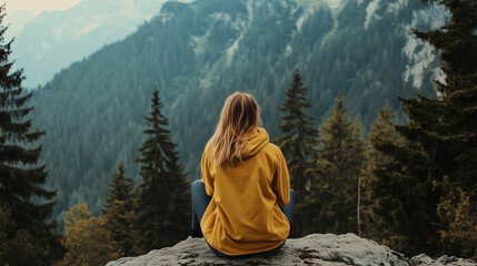 woman traveler looking at mountains and forest view