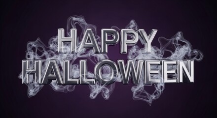 Spooky Happy Halloween greeting with smoke and chrome letters on dark background