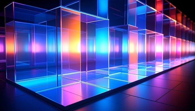 Transparent geometric panels glowing with layered holographic effects, producing immersive depth and reflective brilliance,
