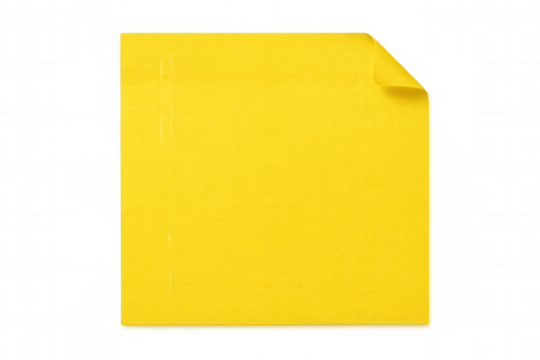Yellow sticky note with folded corner, floating on transparent backdrop, offering clean space for messaging or graphic design layout