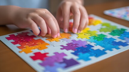 Fototapeta premium Playful Child Assembling Colorful Jigsaw Puzzle, Ideal for Creative Marketing and Branding, Inspiring Joy and Enthusiasm.