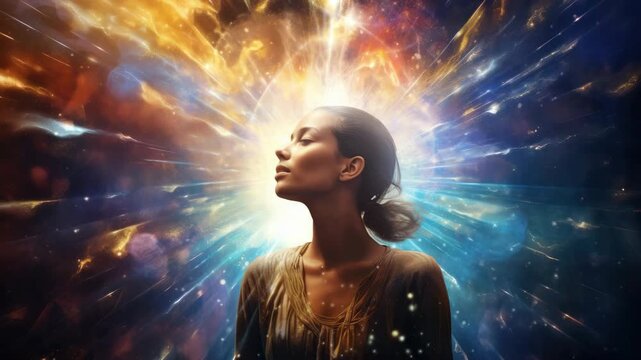 A video still of a woman in profile with a cosmic explosion background. Captured from a low angle, it conveys a sense of wonder and transcendence. Live desktop wallpaper.