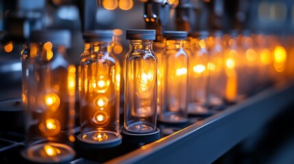 Close-Up of Glass Bottles with Dark Caps (Shallow DOF), Warm Yellow-Orange Glow, Bokeh in Dark Setting