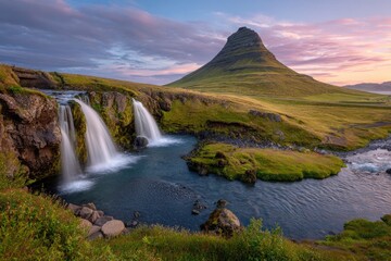 Kirkjufell mountain and cascading waterfall at dusk