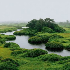 Misty, tranquil landscape with winding river and lush vegetation