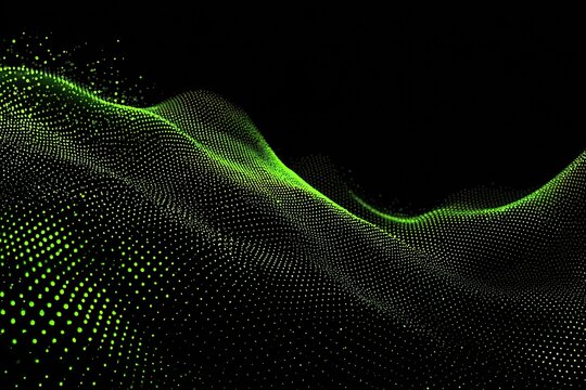 Abstract digital wave of glowing green dots on a black background