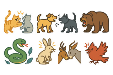 Fototapeta premium Animal Conflict Icons. Flat vector mini-illustrations animal conflict in colors children's illustrations: fighting cats, barking
