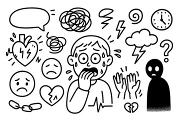 Fototapeta premium Anxiety Doodle Icons. Hand-drawn doodle illustration anxiety racing heart, sweating face, tangled lines, clock, storm cloud,