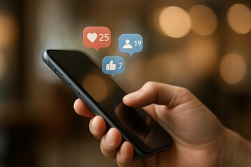 Person holding smartphone with glowing digital icons of social media notifications showing likes followers and communication in modern networking futuristic lifestyle mobile technology concept