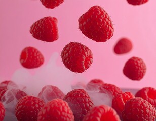 Fresh raspberries falling in smoke on pink