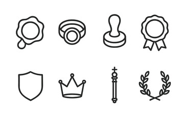 Fototapeta premium Authority Seal Icons. Outline icon set of authority seals: wax seal, ring seal, embossed stamp, ribbon seal, shield emblem, crown