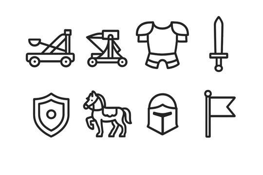 Barony Military Icons. Outline icon set of barony military: catapult, ballista, armor, sword, shield, war horse, helmet, battle