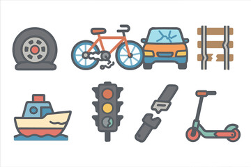 Broken Transportation Icons. Flat vector mini-illustrations broken transportation in colors children's illustrations: flat tire,