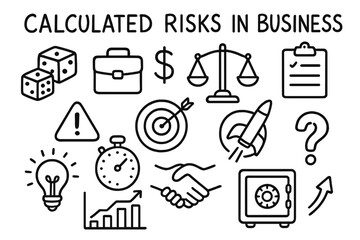 Naklejka premium Business Risk Symbols. Hand-drawn doodle illustration Calculated risks in business dice, briefcase, dollar sign, balance scale,