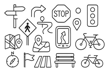 Fototapeta premium Cartoon Traffic Elements. Hand-drawn doodle illustration direction signs road sign, arrow, stop sign, pedestrian crossing, traffic