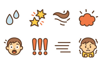 Cartoon Panic Icons. Flat vector mini-illustrations cartoon panic effects in colors children's illustrations: sweat drops, popping