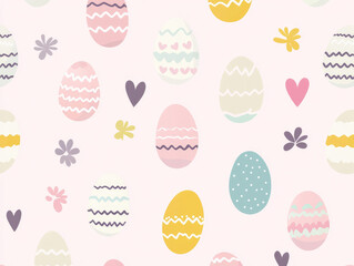 Colorful Easter eggs seamless pattern with festive spring decoration, cute bunny elements, pastel holiday background, decorative seasonal design for greeting cards, wrapping paper and celebration proj