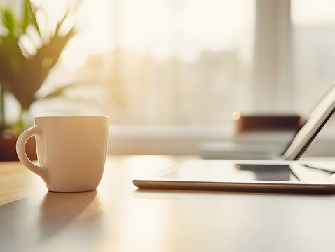 clean office table with only a tablet and coffee mug, bright daylight, productivity concept